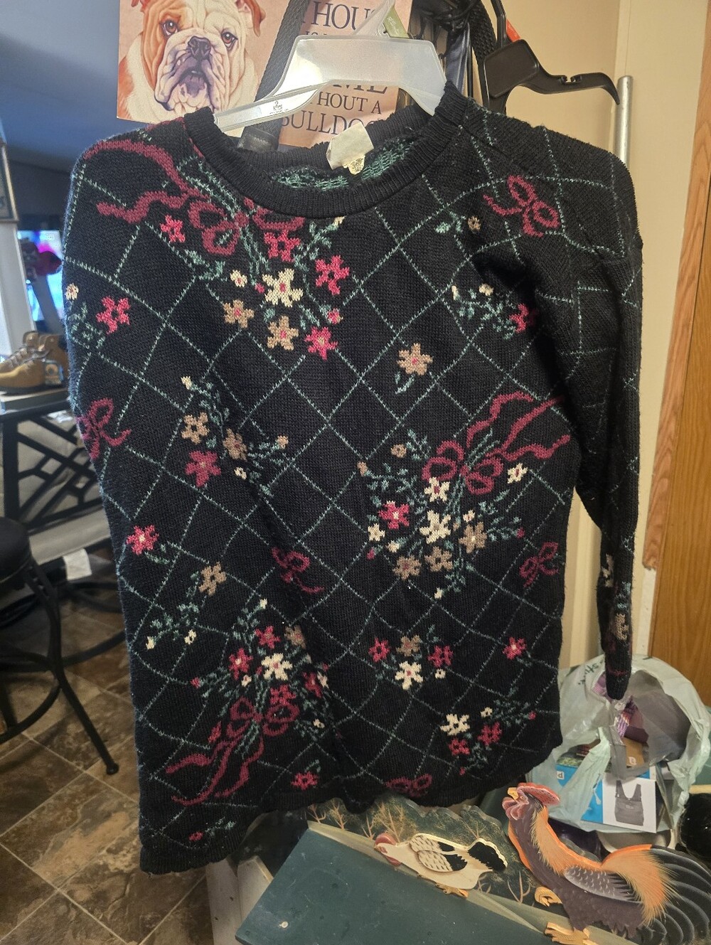 Basic Editions Black Floral Argyle Crewneck Sweater with Pink Accents